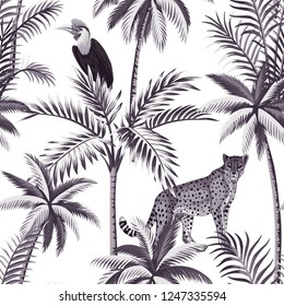 Tropical vintage botanical purple palm tree, leopard, exotic bird floral seamless pattern white background. Exotic jungle wallpaper.