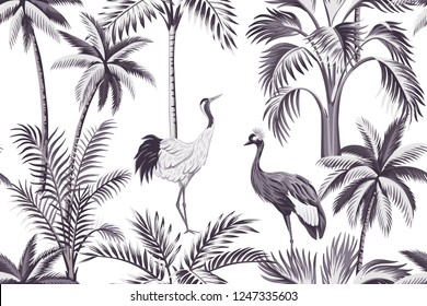 Tropical vintage botanical purple palm tree, crane floral seamless pattern white background. Exotic jungle wallpaper.