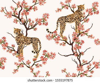 Tropical vintage botanical sakura tree, and leopard floral seamless pattern white background. Exotic jungle japanese wallpaper.
