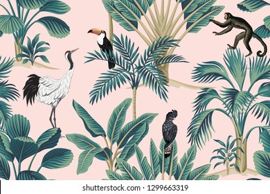 Tropical vintage botanical wild animal crane, parrot, toucan, monkey floral palm tree seamless pattern pink background. Exotic jungle wallpaper.