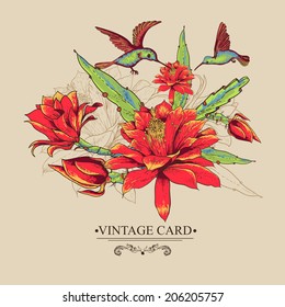 Tropical Vintage Card with Red Flowers and Hummingbirds. Vector Design Element. 