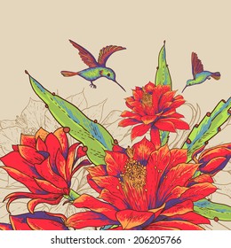 Tropical Vintage Card with Red Flowers and Hummingbirds. Vector Design Element. 