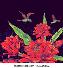 Tropical Vintage Card with Red Flowers and Hummingbirds. Vector Design Element. 