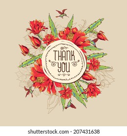 Tropical Vintage Card and Red Flowers   Hummingbirds  Vector Design Element  Thank you  