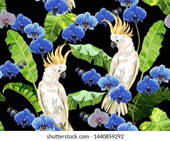 Tropical vintage cheetah floral seamless pattern. Exotic jungle wallpaper with white cockatoo, banana leaves blue orchids. Isolated on black background