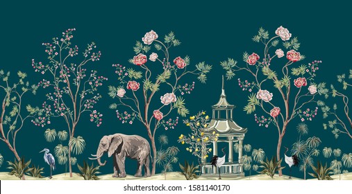 Tropical vintage chienoisrie landscape, palm tree, sakura, palm leaves, elephant, crane, heron, pavilion.  Seamless floral border. Jungle animal wallpaper.