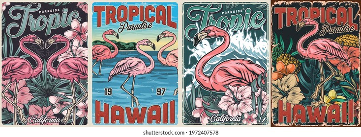 Tropical vintage colorful posters set with inscriptions beautiful pink flamingos pineapples exotic flowers and leaves vector illustration