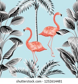 Tropical vintage coral flamingo, banana trees and palm seamless pattern blue background. Exotic jungle wallpaper.