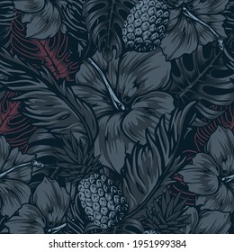 Tropical vintage dark seamless pattern with pineapple fruits hibiscus flowers monstera and palm leaves vector illustration