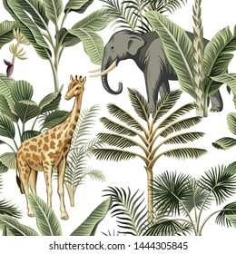 Tropical vintage elephant, giraffe wild animals, palm tree and plant floral seamless pattern white background. Exotic jungle safari wallpaper.