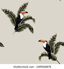 Tropical vintage exotic bird toucan, banana  leaves floral seamless pattern beige background. Exotic jungle wallpaper.