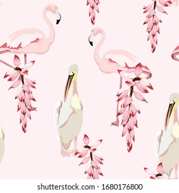 Tropical vintage exotic flowers, pelican flamingo floral seamless pattern, pink background. Exotic jungle bird wallpaper.