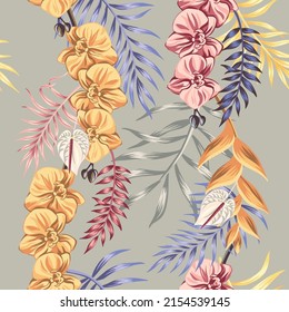 Tropical vintage exotic palm leaves floral, orchid flower seamless pattern grey background. Botanical jungle wallpaper.