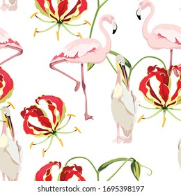 Tropical vintage exotic red Gloriosa  flowers glory lily, pelican, flamingo floral seamless pattern, white background. Exotic jungle bird wallpaper.