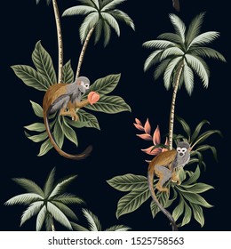 Tropical vintage floral night landscape, dark palm trees, plant, monkey animals seamless pattern black background. Exotic jungle wallpaper.
