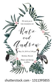 Tropical vintage floral palm leaves, plumeria flowers, crane bird wedding invitation. Geometric vector card.