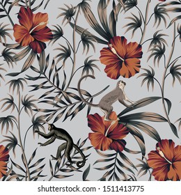 Tropical vintage floral palm leaves red hibiscus flower monkey animal seamless pattern grey background. Exotic jungle wallpaper.