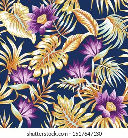 Tropical vintage floral palm leaves purple lotus flower seamless pattern black background. Exotic jungle wallpaper.