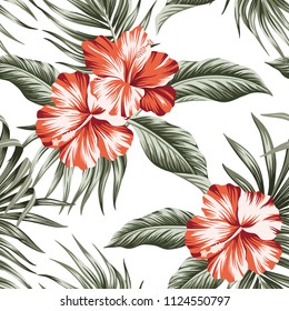 Tropical vintage flower hibiscus floral  palm leaves seamless pattern white background. Exotic jungle wallpaper.