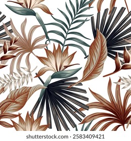 Tropical vintage flower, palm leaves floral seamless pattern white background. Exotic jungle wallpaper.