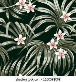 Tropical vintage flower plumeria floral palm leaves seamless pattern black background. Exotic jungle wallpaper.