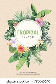 Tropical vintage flyer with palm leaves and exotic flowers. Round frame. Vector illustration.