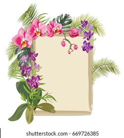 Tropical vintage frame with bouquet red, purple orchids, flowers and buds, green palm, bamboo, monstera leaves on white background, digital draw illustration, template for design, vector