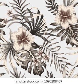 Tropical vintage graphic hibiscus plumeria floral palm leaves seamless pattern background. Exotic wallpaper