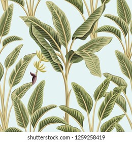 Tropical vintage green banana trees floral seamless pattern blue background. Exotic botanical jungle wallpaper. 