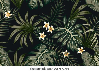 Tropical vintage green leaves plumeria flowers seamless pattern black background. Exotic jungle wallpaper.