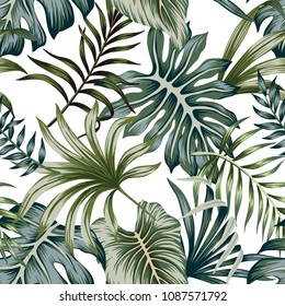 Tropical vintage green leaves seamless pattern white background. Exotic wallpaper