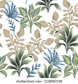 Tropical vintage green plant, blue palm leaves floral seamless pattern white background. Exotic jungle wallpaper.