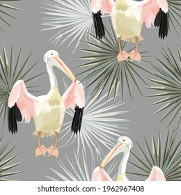 Tropical vintage green white palm leaves, pelican floral seamless pattern on grey background. Exotic jungle bird wallpaper.