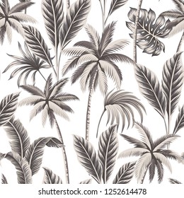 Tropical vintage Hawaiian beige palm trees, banana and palm leaves floral seamless pattern white background. Exotic jungle wallpaper.