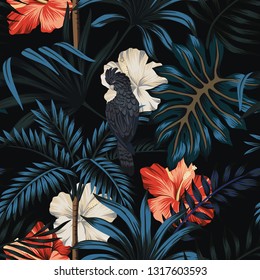 Tropical vintage Hawaiian night, dark palm trees, black parrot, palm leaves floral seamless pattern black background. Exotic jungle wallpaper. 