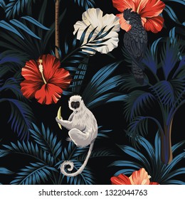 Tropical vintage Hawaiian night, dark palm trees, black parrot, lemur, palm leaves, hibiscus flower floral seamless pattern black background. Exotic jungle wallpaper