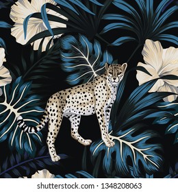 Tropical vintage Hawaiian night, dark blue palm leaves, white hibiscus flower, wild animal leopard floral seamless pattern black background. Exotic jungle wallpaper