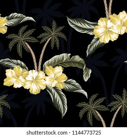 Tropical vintage Hawaiian palm trees, yellow hibiscus flower and green palm leaves floral seamless pattern black background. Exotic jungle wallpaper.