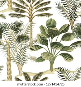Tropical vintage Hawaiian palm trees floral seamless pattern white background. Exotic jungle wallpaper.