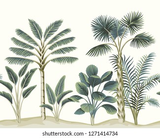 Tropical vintage Hawaiian palm trees, banana tree, plant floral seamless pattern white background. Exotic jungle wallpaper.