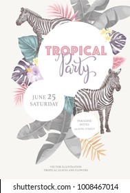Tropical vintage Hawaiian party invitation with zebras, palm leaves and exotic flowers. Round frame. Vector illustration.