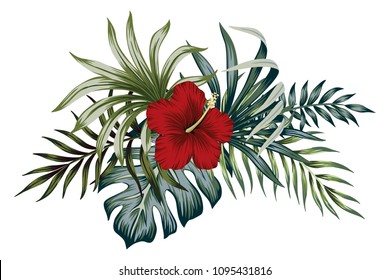 Tropical vintage hibiscus  floral green leaves bouquet. Vector clip art. Jungle illustration