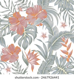 Tropical vintage hibiscus flower, palm leaves Hawaiian floral seamless pattern white background. Exotic jungle wallpaper.