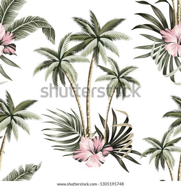 熱帯のビンテージハイビスカスの花 ヤシの木 ヤシの葉の花柄のシームレスな柄の白い背景 エキゾチックなジャングルのハワイの壁紙 のベクター画像素材 ロイヤリティフリー