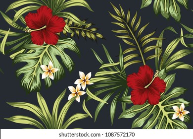 Tropical vintage hibiscus plumeria floral green leaves seamless pattern dark background. Exotic wallpaper