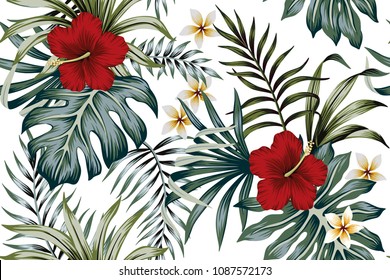 Tropical vintage hibiscus plumeria floral green leaves seamless pattern white background. Exotic wallpaper