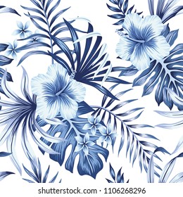 Tropical vintage hibiscus plumeria floral blue palm leaves seamless pattern white background. Exotic wallpaper