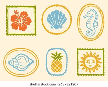 Tropical Vintage Icon Summer Stamp. Vacation Beach Hand drawn Fruit Print. Retro Beach Sea Ocean Sun Pineapple Hibiscus Flower Shell Seahorse Marine, Retro style tropical stamps Sunshine illustration