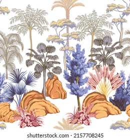 Tropical vintage landscape, rock, trees, palms, bush floral seamless pattern. Jungle botanical mural.