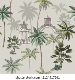 Tropical vintage landscape seamless pattern. Palm tree, pagoda wallpaper.